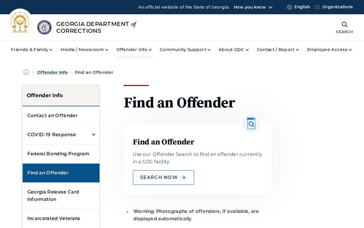 Georgia Department of Corrections Find an Offender search page